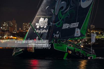 Transat Jacques Vabre 2019, arrivée à Salvador de Bahia, de Maxime Sorel et Guillaume Le Brec à bord de l'Imoca V and B le 12 novembre 2019.Photo © Jean-Marie Liot   AleA.