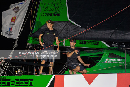 Transat Jacques Vabre 2019, arrivée à Salvador de Bahia, de Maxime Sorel et Guillaume Le Brec à bord de l'Imoca V and B le 12 novembre 2019.Photo © Jean-Marie Liot   AleA.