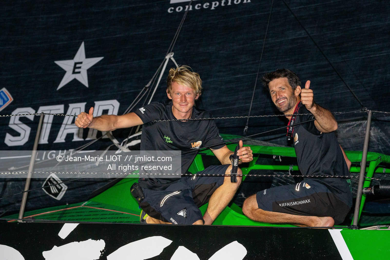 Transat Jacques Vabre 2019, arrivée à Salvador de Bahia, de Maxime Sorel et Guillaume Le Brec à bord de l'Imoca V and B le 12 novembre 2019.Photo © Jean-Marie Liot   AleA.