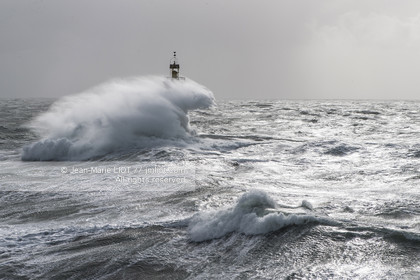 .France, Finistere (29), Iroise Sea, February 8th 2014, Britain lighthouse in stormy weather during storm Ruth, Phare de la Plate (aerial view).Photo : Jean-Marie Liot