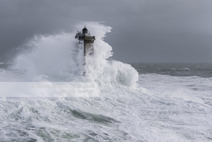 .France, Finistere (29), Iroise Sea, February 8th 2014, Britain lighthouse in stormy weather during storm Ruth, Phare de la Vieille (aerial view).Photo : Jean-Marie Liot