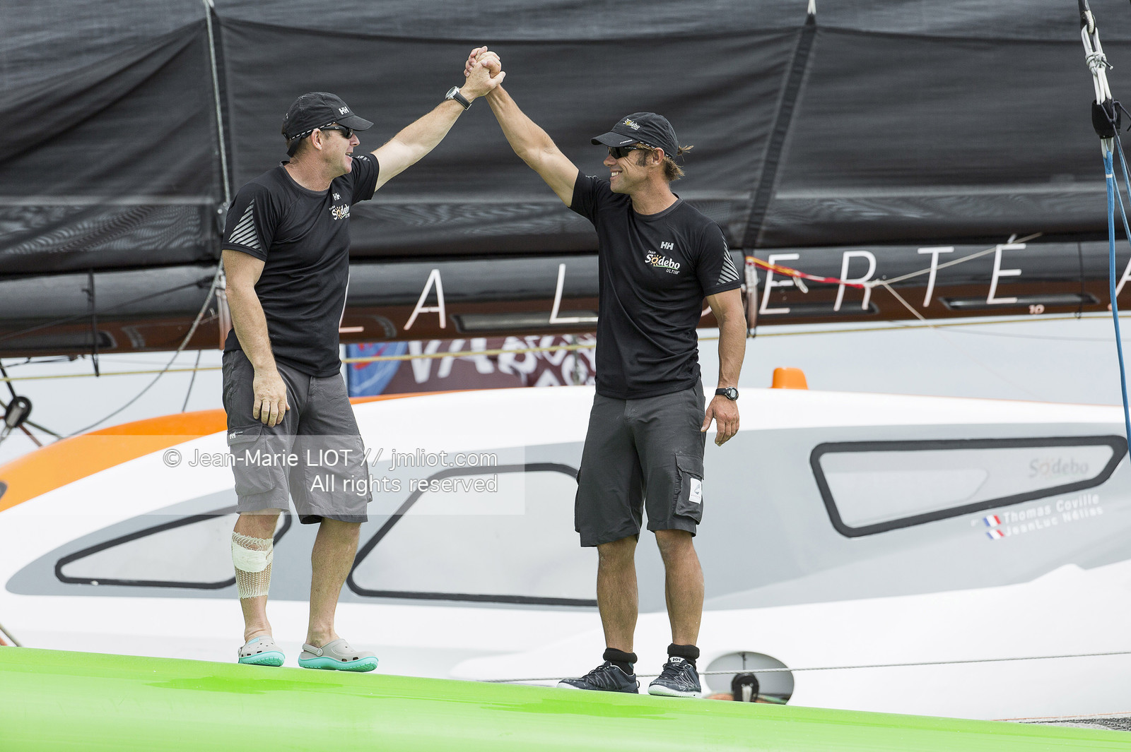 Itajaï(Brésil), samedi 7 novembre 2015, Thomas Coville et Jean-Luc Nélias deuxiémes au classement Ultim de la Transat Jacques Vabre sur SODEBO. Photo © JEAN-MARIE LIOT   DPPI.