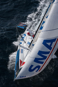 Paul Meilhat et Michel Desjoyeaux à l'entrainement sur IMOCA SMA avant le départ de la Transat Jacques vabre 2015 au départ du Havre et à destination de Itajaï au Brésil..Groix, 16 09 2015, Photo © Jean-Marie LIOT   DPPI.