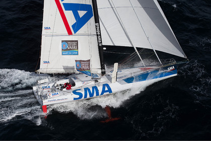 ..Paul Meilhat and Michel Desjoyeaux (Fra) training onboard IMOCA SMA before the start of Transat Jacques Vabre 2015 from Le Havre to Itajai off Groix, 16 09 2015, Photo © Jean-Marie LIOT   DPPI