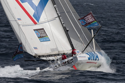 Paul Meilhat et Michel Desjoyeaux à l'entrainement sur IMOCA SMA avant le départ de la Transat Jacques vabre 2015 au départ du Havre et à destination de Itajaï au Brésil..Groix, 16 09 2015, Photo © Jean-Marie LIOT   DPPI.