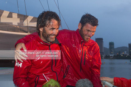 .Itajaï (Brazil) on November 18, 2015, arrival of Yannick Bestaven and Pierre Brasseur aboard the Class 40 Le Conservateur, first in the class 40 ranking..Photo © Jean-Marie Liot