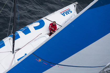 ..Paul Meilhat and Michel Desjoyeaux (Fra) training onboard IMOCA SMA before the start of Transat Jacques Vabre 2015 from Le Havre to Itajai off Groix, 16 09 2015, Photo © Jean-Marie LIOT   DPPI