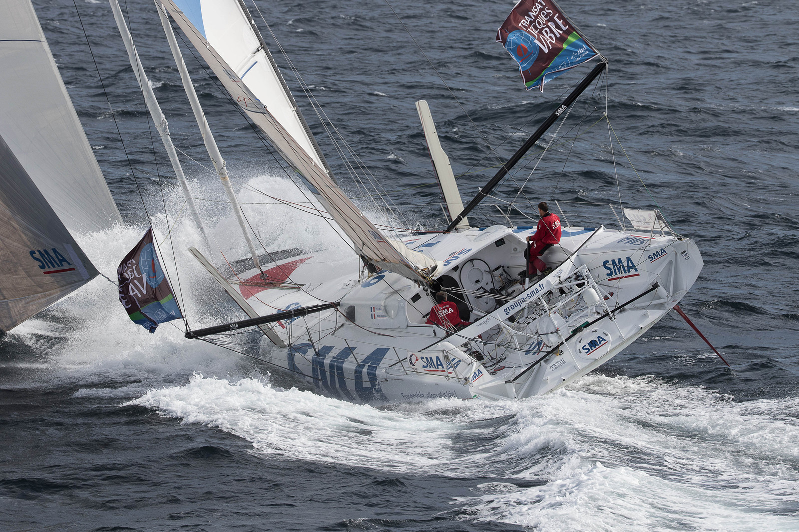 ..Paul Meilhat and Michel Desjoyeaux (Fra) training onboard IMOCA SMA before the start of Transat Jacques Vabre 2015 from Le Havre to Itajai off Groix, 16 09 2015, Photo © Jean-Marie LIOT   DPPI