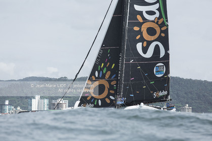 Itajaï(Brésil), samedi 7 novembre 2015, Thomas Coville et Jean-Luc Nélias deuxiémes au classement Ultim de la Transat Jacques Vabre sur SODEBO. Photo © JEAN-MARIE LIOT   DPPI.