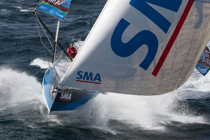 ..Paul Meilhat and Michel Desjoyeaux (Fra) training onboard IMOCA SMA before the start of Transat Jacques Vabre 2015 from Le Havre to Itajai off Groix, 16 09 2015, Photo © Jean-Marie LIOT   DPPI