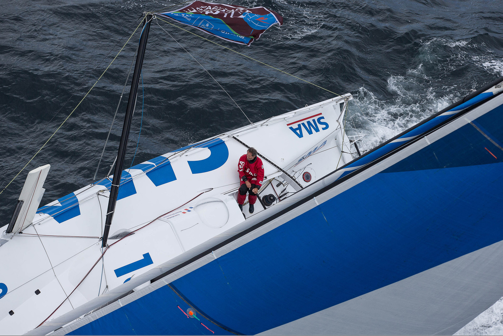 Paul Meilhat et Michel Desjoyeaux à l'entrainement sur IMOCA SMA avant le départ de la Transat Jacques vabre 2015 au départ du Havre et à destination de Itajaï au Brésil..Groix, 16 09 2015, Photo © Jean-Marie LIOT   DPPI.
