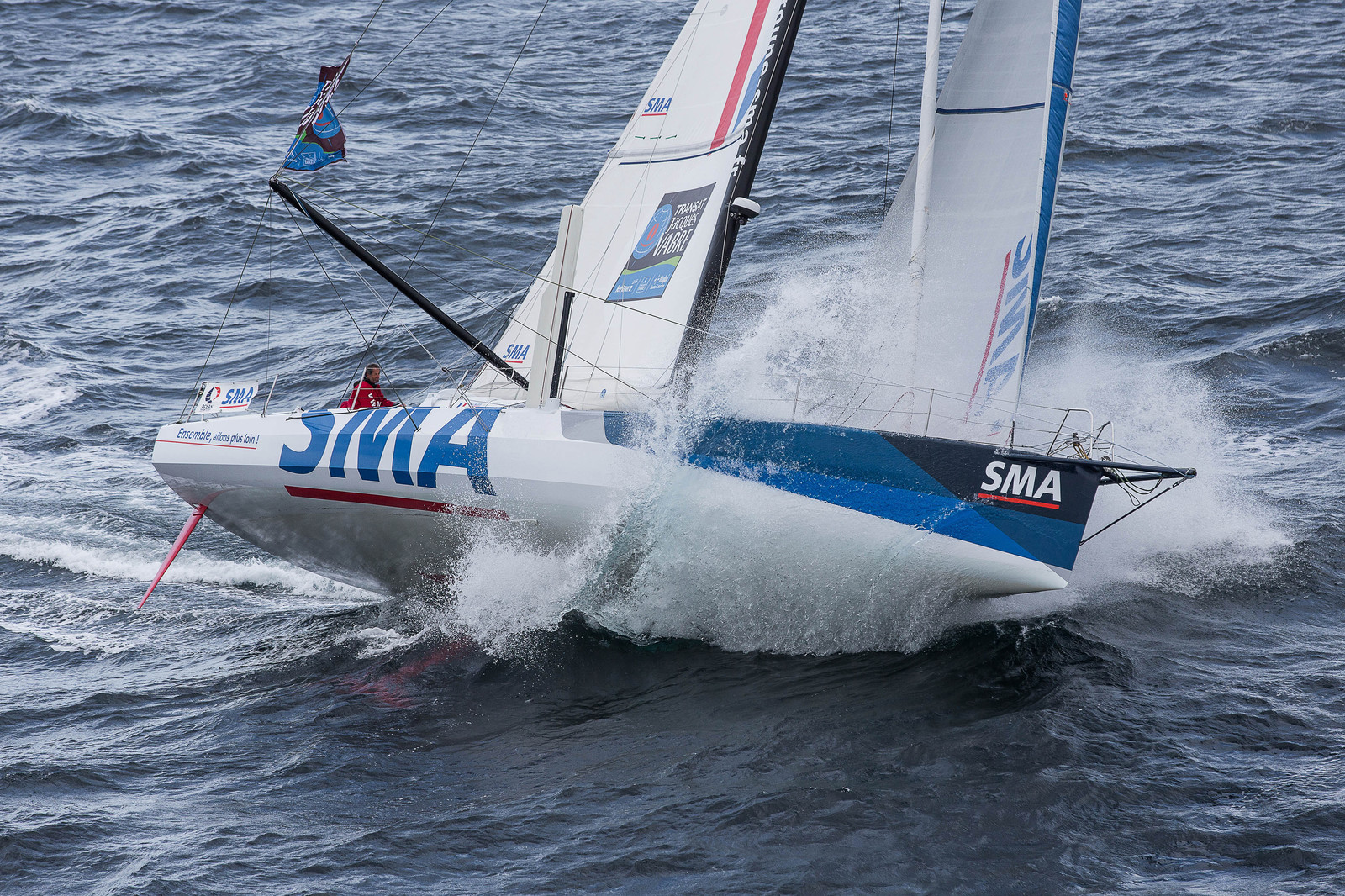 ..Paul Meilhat and Michel Desjoyeaux (Fra) training onboard IMOCA SMA before the start of Transat Jacques Vabre 2015 from Le Havre to Itajai off Groix, 16 09 2015, Photo © Jean-Marie LIOT   DPPI