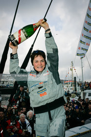 .   .Start Ellen MacArthur onboard maxi-trimaran B&Q Castorama, trying to beat Solo Handed Round the World record, in Falmouth (GB), on november 27, 2004, photo : Jean-Marie LIOT - www.jmliot.com