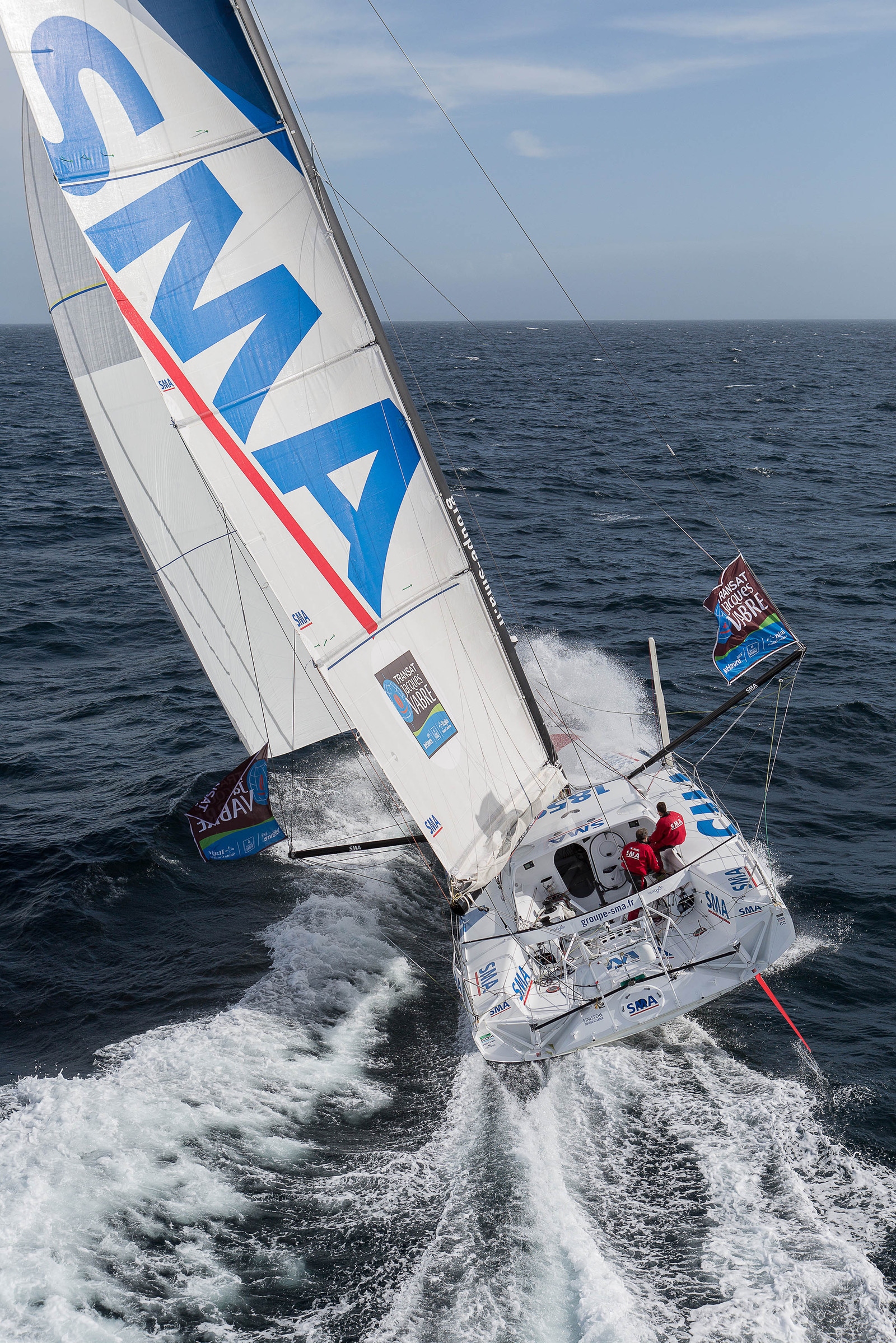 Paul Meilhat et Michel Desjoyeaux à l'entrainement sur IMOCA SMA avant le départ de la Transat Jacques vabre 2015 au départ du Havre et à destination de Itajaï au Brésil..Groix, 16 09 2015, Photo © Jean-Marie LIOT   DPPI.