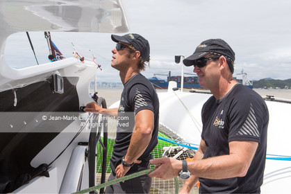 Itajaï(Brésil), samedi 7 novembre 2015, Thomas Coville et Jean-Luc Nélias deuxiémes au classement Ultim de la Transat Jacques Vabre sur SODEBO. Photo © JEAN-MARIE LIOT   DPPI.