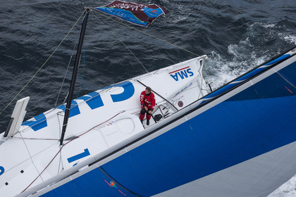 Paul Meilhat et Michel Desjoyeaux à l'entrainement sur IMOCA SMA avant le départ de la Transat Jacques vabre 2015 au départ du Havre et à destination de Itajaï au Brésil..Groix, 16 09 2015, Photo © Jean-Marie LIOT   DPPI.
