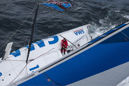 ..Paul Meilhat and Michel Desjoyeaux (Fra) training onboard IMOCA SMA before the start of Transat Jacques Vabre 2015 from Le Havre to Itajai off Groix, 16 09 2015, Photo © Jean-Marie LIOT   DPPI