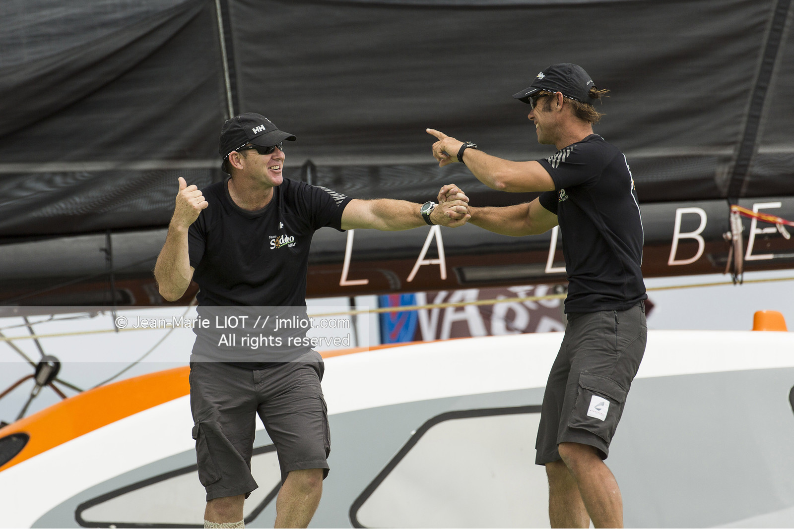 Itajaï(Brésil), samedi 7 novembre 2015, Thomas Coville et Jean-Luc Nélias deuxiémes au classement Ultim de la Transat Jacques Vabre sur SODEBO. Photo © JEAN-MARIE LIOT   DPPI.