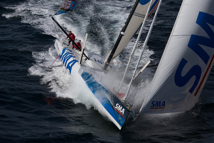 ..Paul Meilhat and Michel Desjoyeaux (Fra) training onboard IMOCA SMA before the start of Transat Jacques Vabre 2015 from Le Havre to Itajai off Groix, 16 09 2015, Photo © Jean-Marie LIOT   DPPI