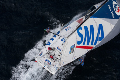 ..Paul Meilhat and Michel Desjoyeaux (Fra) training onboard IMOCA SMA before the start of Transat Jacques Vabre 2015 from Le Havre to Itajai off Groix, 16 09 2015, Photo © Jean-Marie LIOT   DPPI